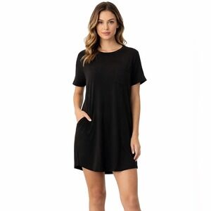 Three Bird Nest Black Short Sleeve Pocket Tee Dress Large